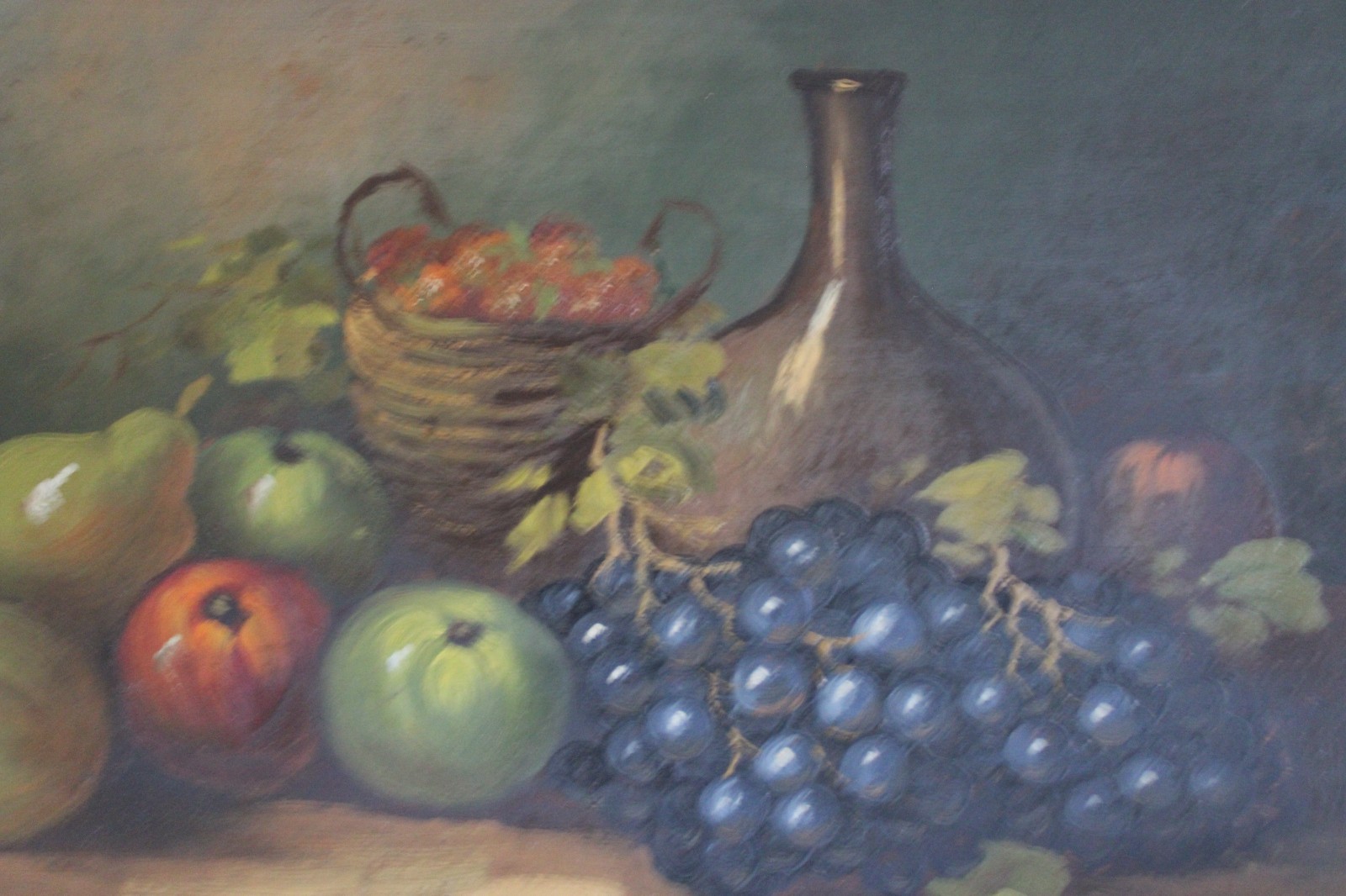 ANTIQUE STILL LIFE WINE HARVEST OIL PAINTING FRUIT SIGNED COUNTRY PRIMITIVE ORIG