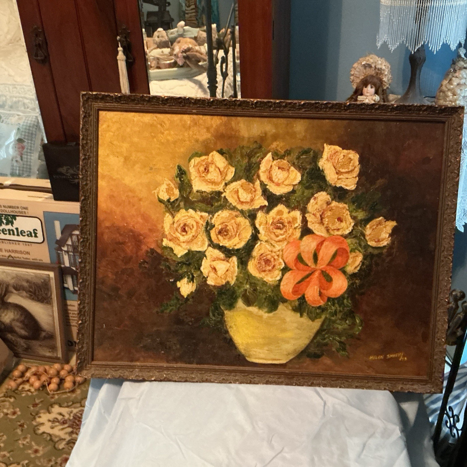 Helen Smith Large 1955 Framed Signed Floral Still Life Roses Vase Painting