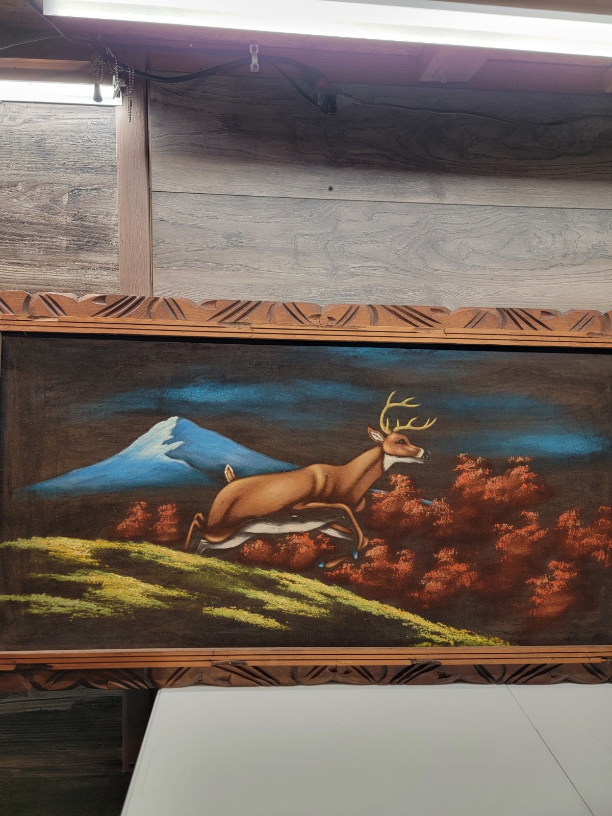Vintage Deer Velvet Painting 1970s￼- Mexico Wooden Carved Frame Forest