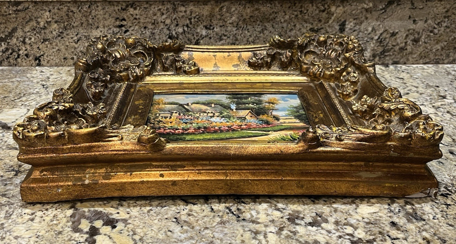 Vintage Oil Painting On Board Ornate Heavy Gold Frame English Cottage