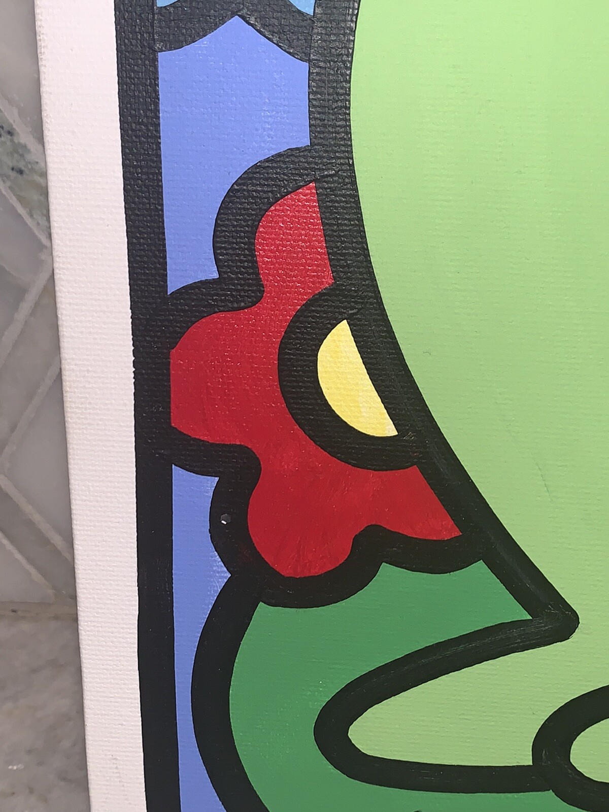 Charles Houska 2001 Green Frog Blue Eyes Red Pink Flowers Black 12”sq Acrylic