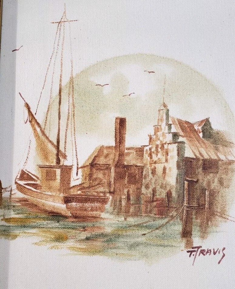 Artist T. Travis Painting Sailboat Harbor Buildings Blue Brown Yellow Green