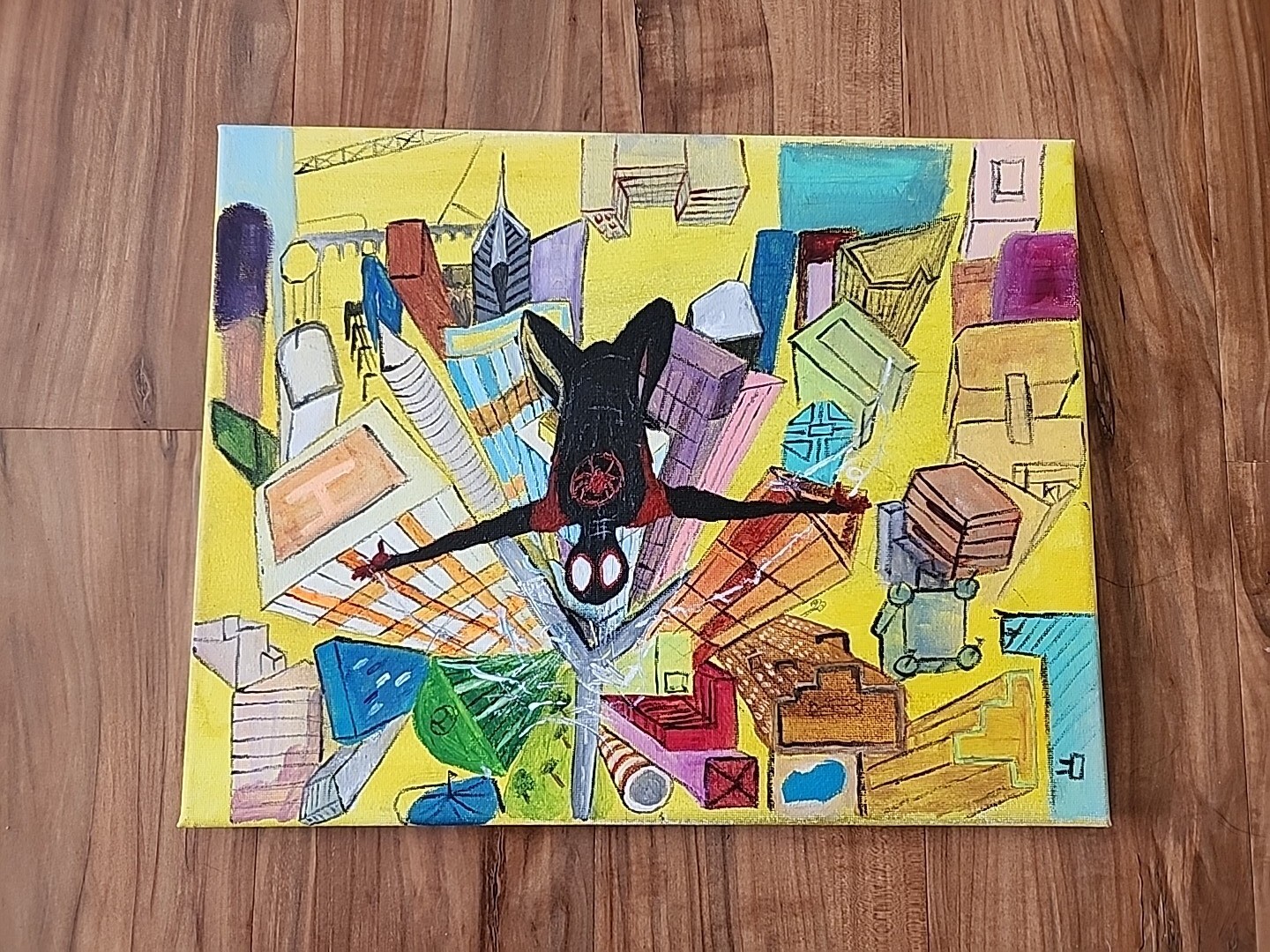 spider-man: into the spider-verse Swinging Over City Acrylic Painting 11×14