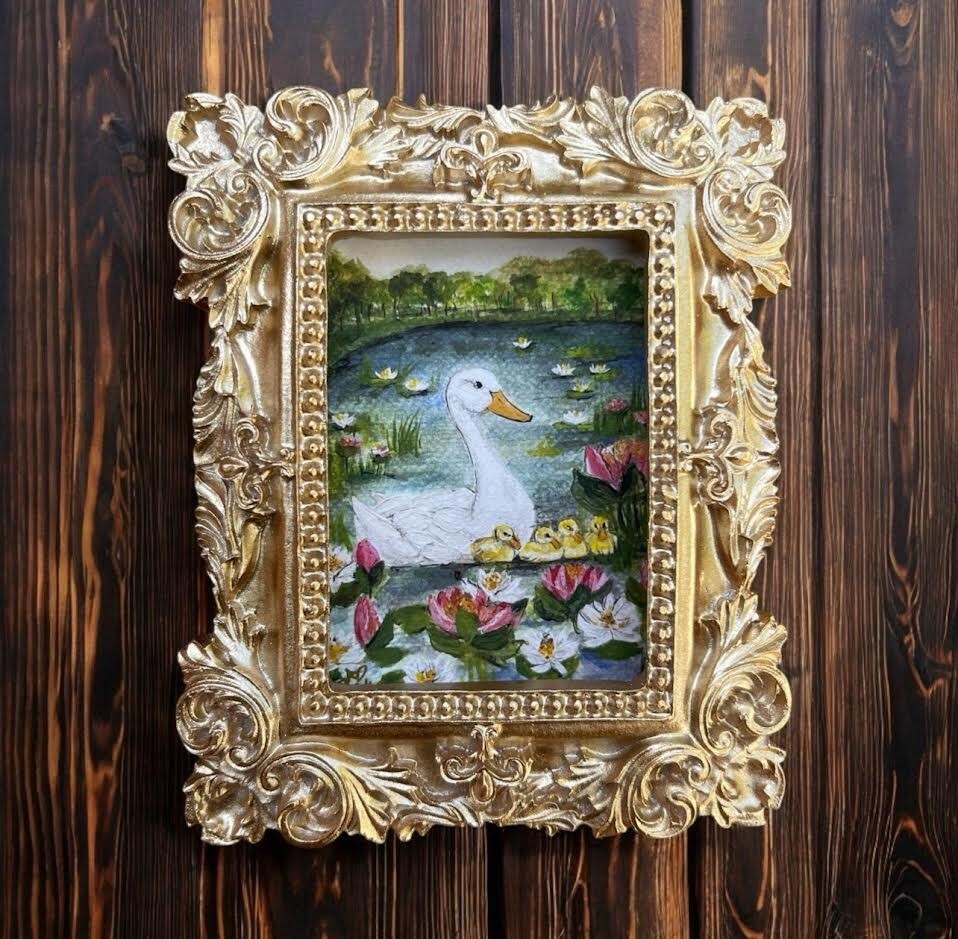mini paintings & prints of birds & animals, vintage style ornate frame, mini art