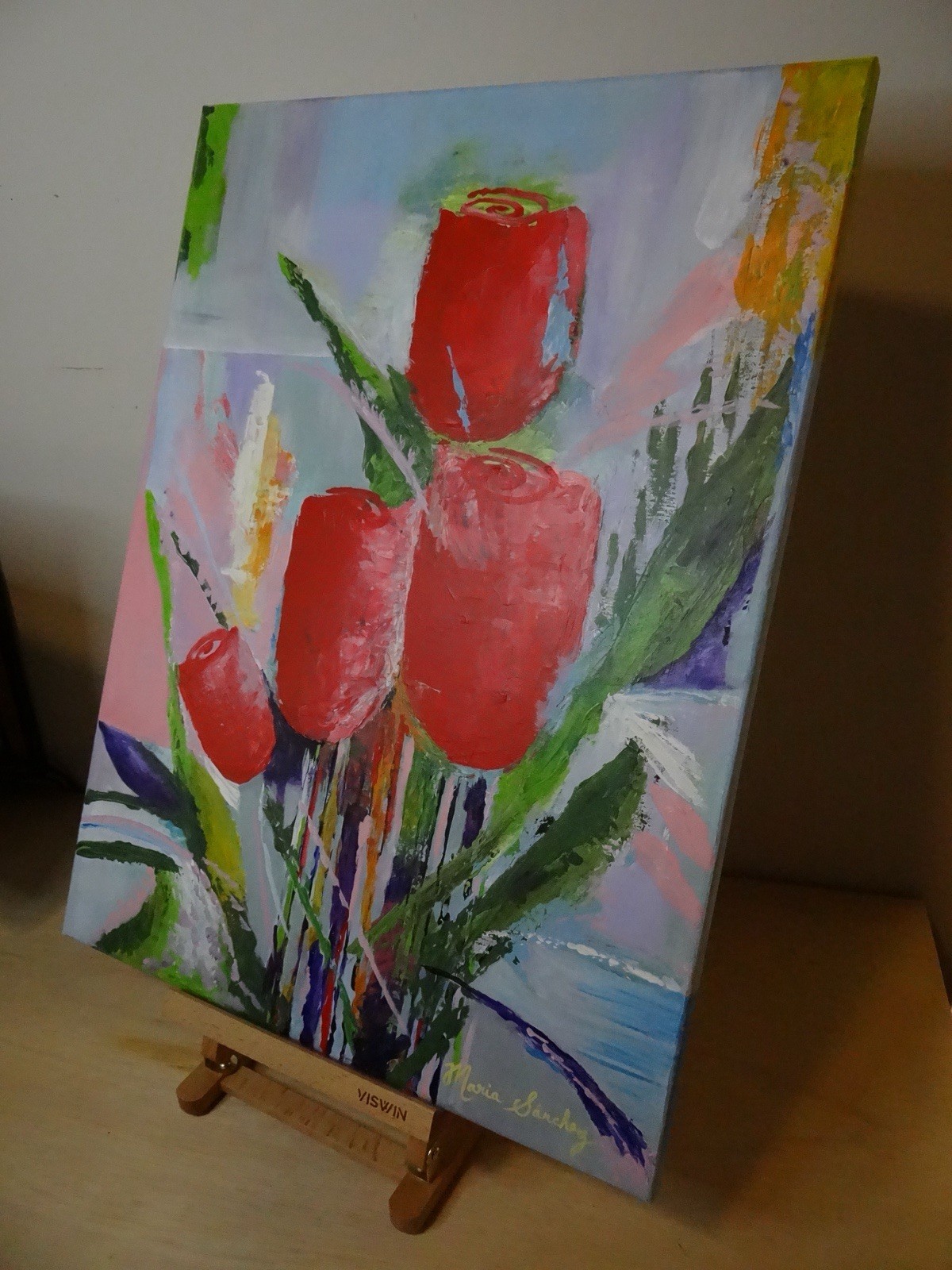 Maria Sanchez Original Abstract Red Flowers acrylic Painting on Canvas, 18”x24”