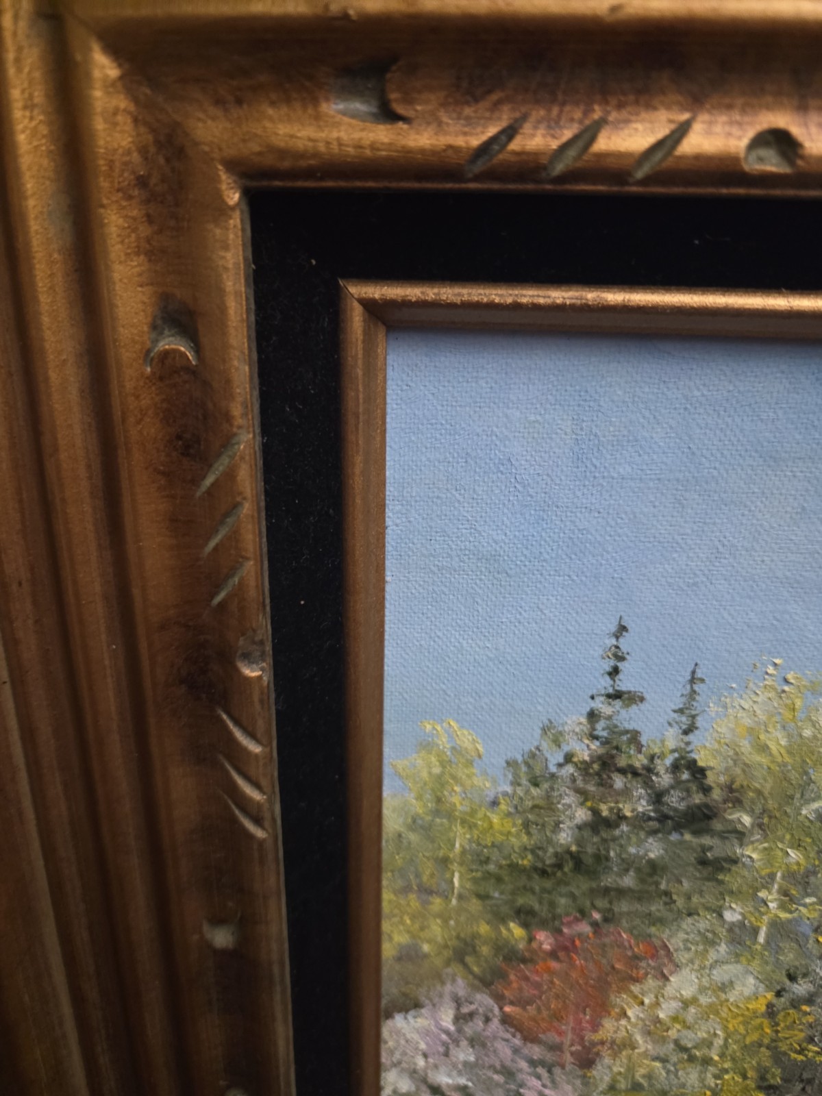 Vintage Oil Painting Of Forest & Mountain On All Wood Frame Signed NICE