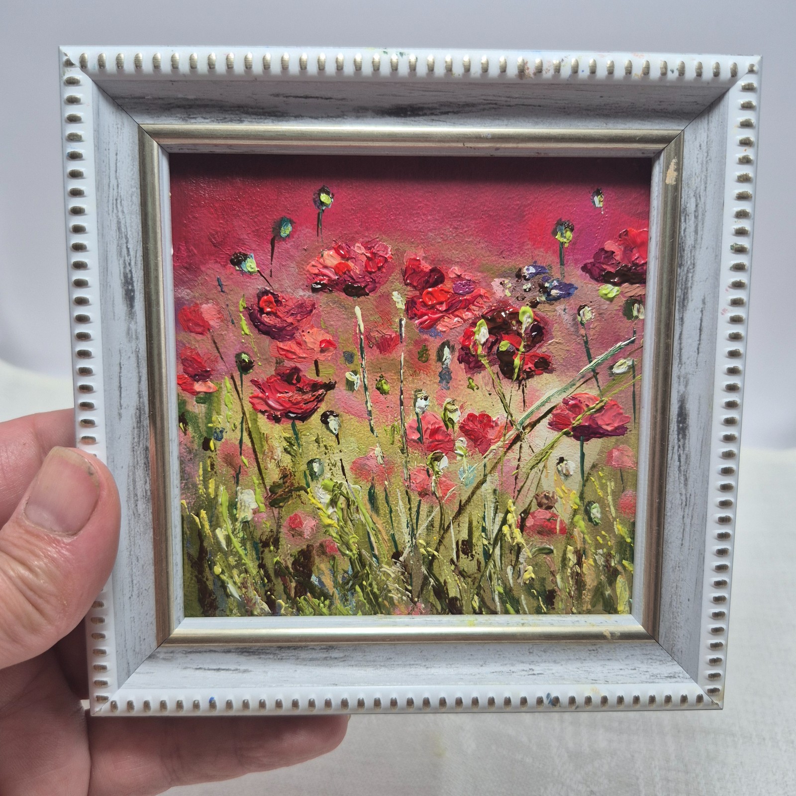An original, signed oil painting, framed. “Poppy Field” 4×4