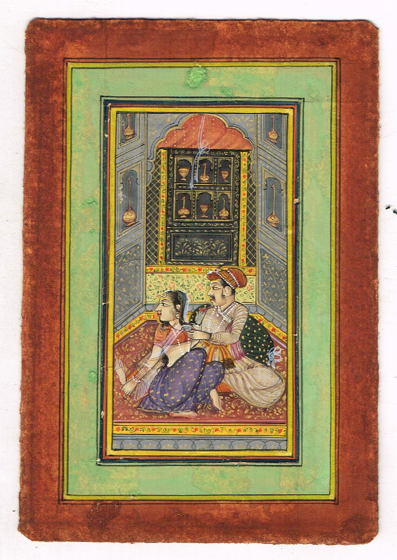 Mughal Miniature Painting Of Mughal Emperor And Empress In Love Scene 3.75X5″