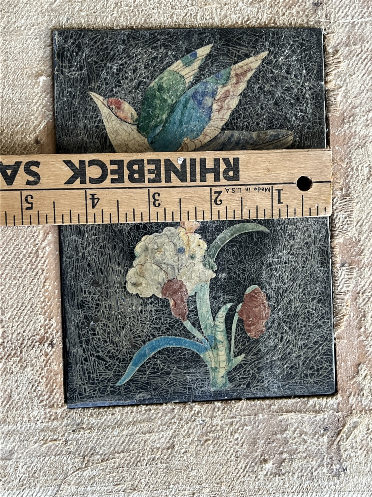 2 – Vintage 4.5” X 6” Encaustic Bird And Flower Pictures On Slate Made In Italy