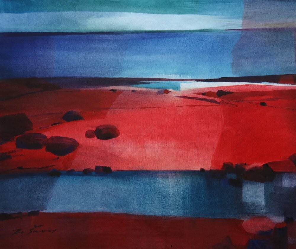 Zigmunds Snore Small Town Red Blue Mood 2020 Watercolor on Paper 60.5 x 71.5 cm