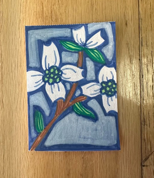 ACEO original art card Virginia State Flower Dogwood (46/50) blue, green