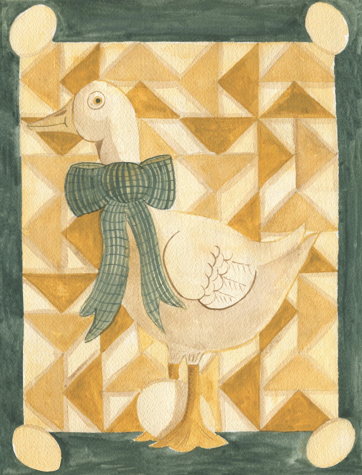 OrIgInAl FoLk ART WaTeRCoLoR PaInTiNg GooSe YeLLow GreeN BoW QuIlT FlYiNg EggS