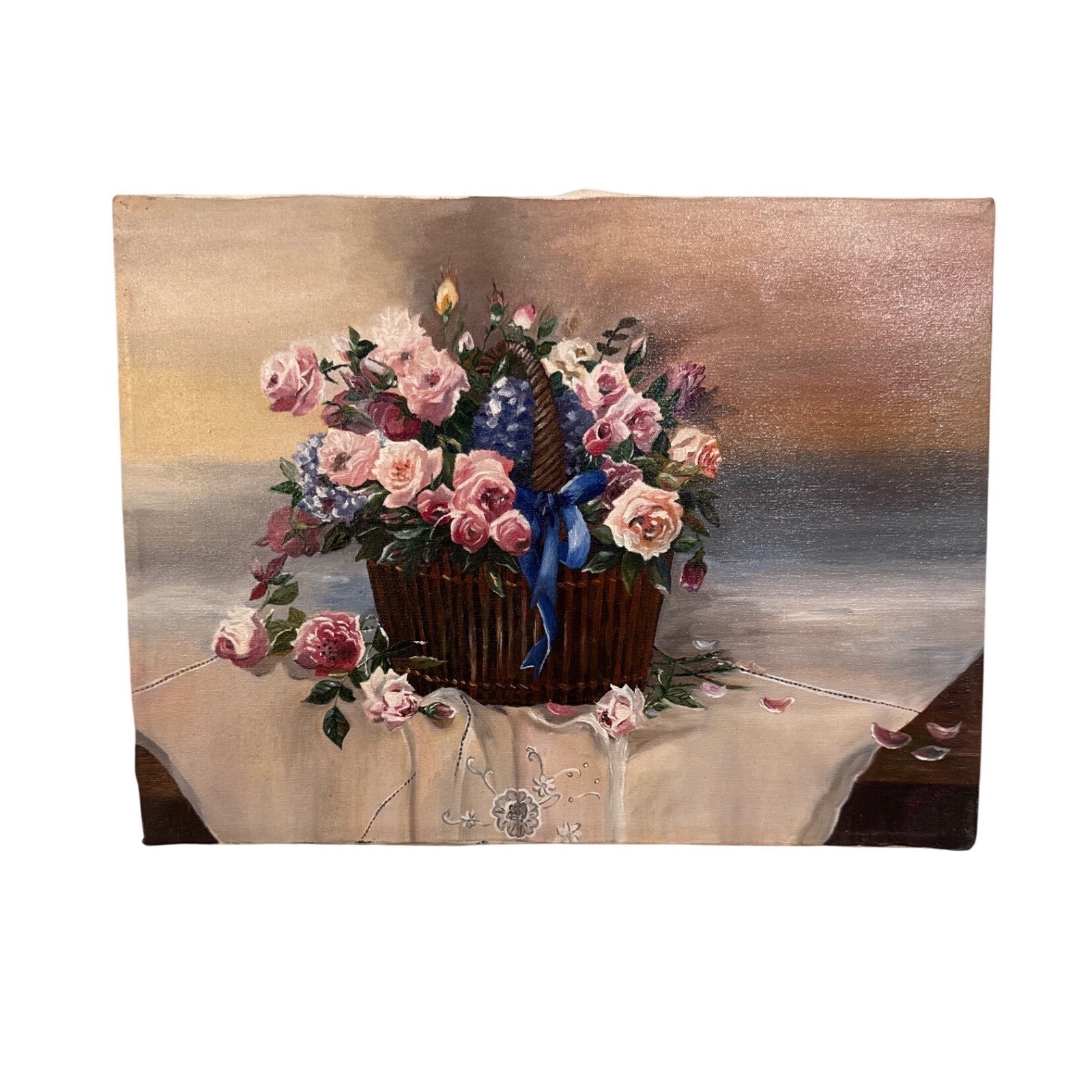 Original Signed Cottagecore Floral Oil Painting 16×12 Unframed Vintage Romantic