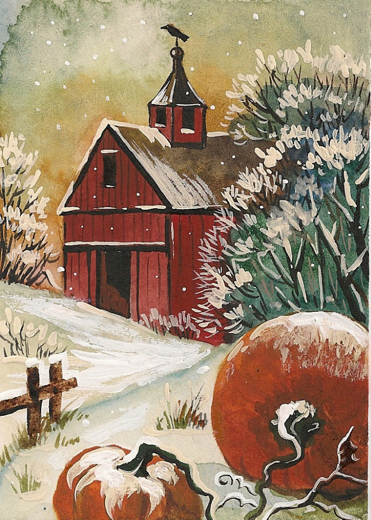 ACEO PRINT OF PAINTING RYTA LANDSCAPE XMAS BARN FOLK HALLOWEEN Americana art 🎃