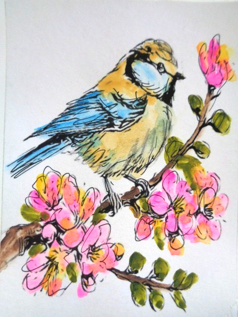 ACEO Original LITTLE BIRD ON A FLOWER BRANCH Watercolor Painting