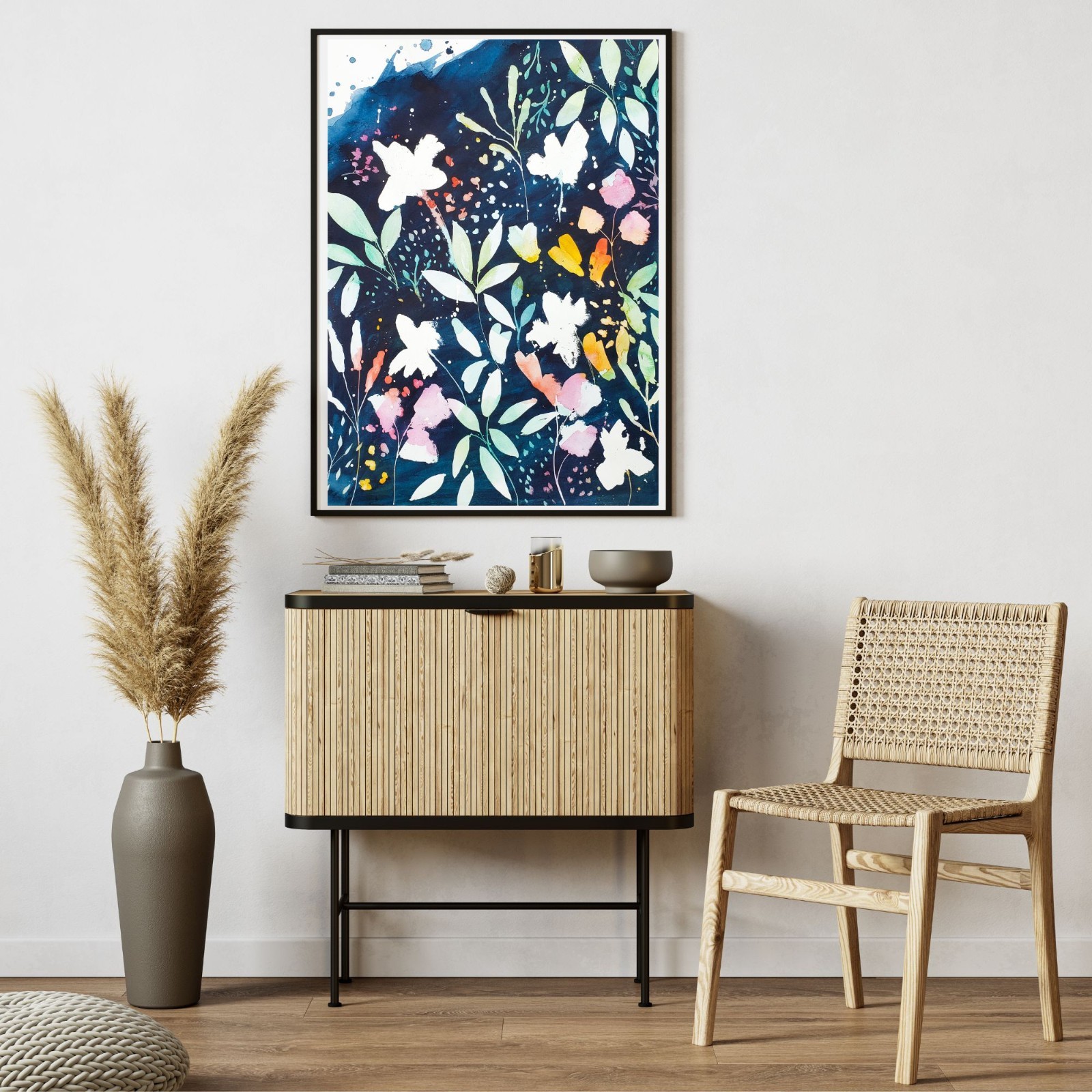 Original Hand Painted 18×24 Floral Abstract Acrylic on Paper Signed Wall Art