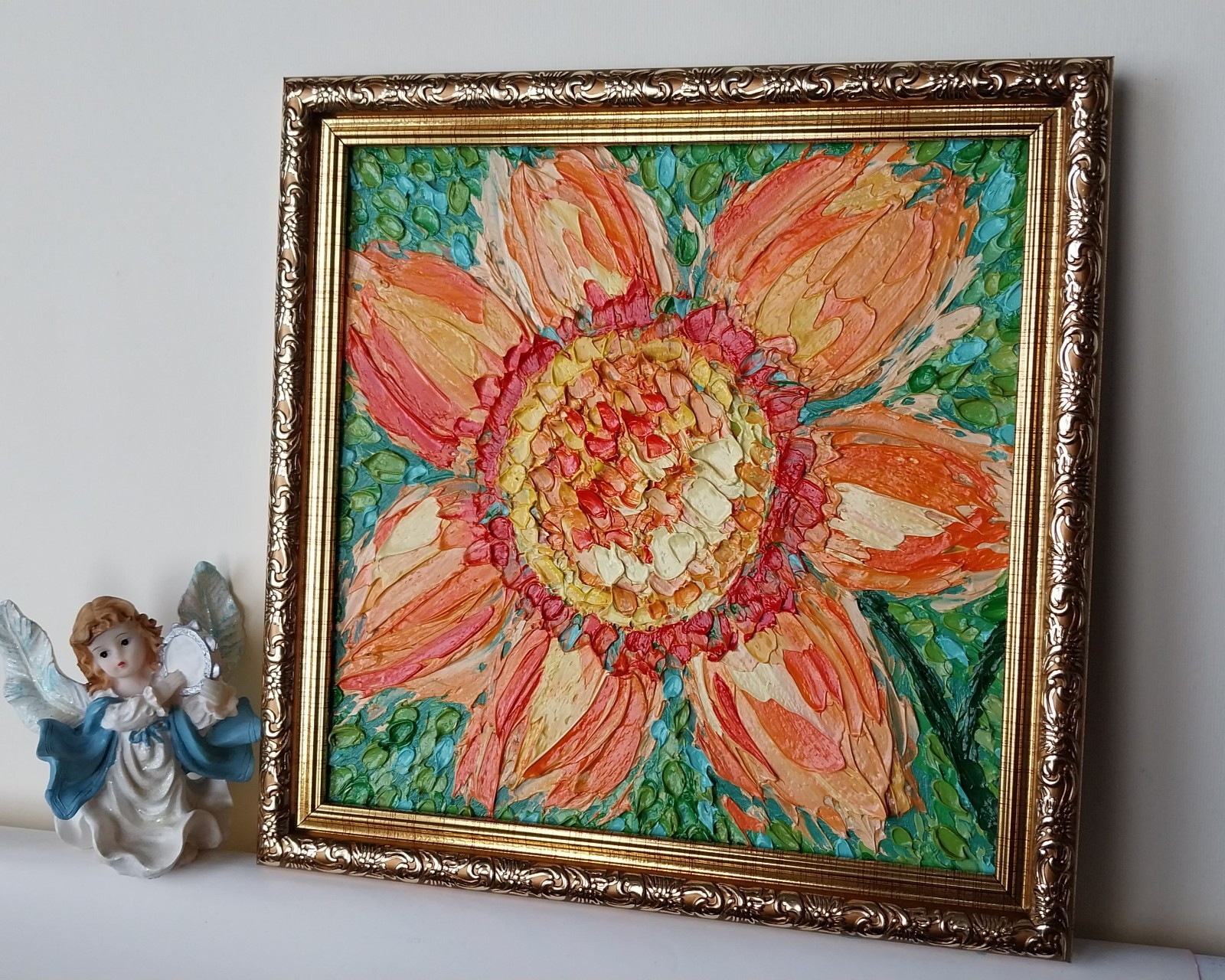 Framed Bright Sunflower Textured Flower Art 8×8” Impasto Oil Painting Original
