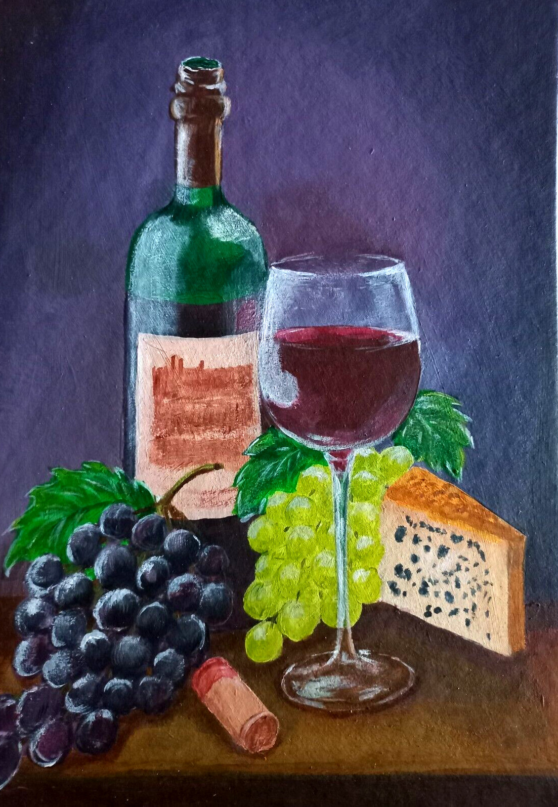 Kitchen still life. Wine bottle wine glass cheese and a bunch of grapes Original