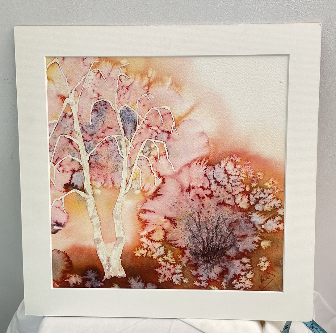 Original Belgian Watercolor Painting Orange Trees French Hachel (1945-) 14×14”