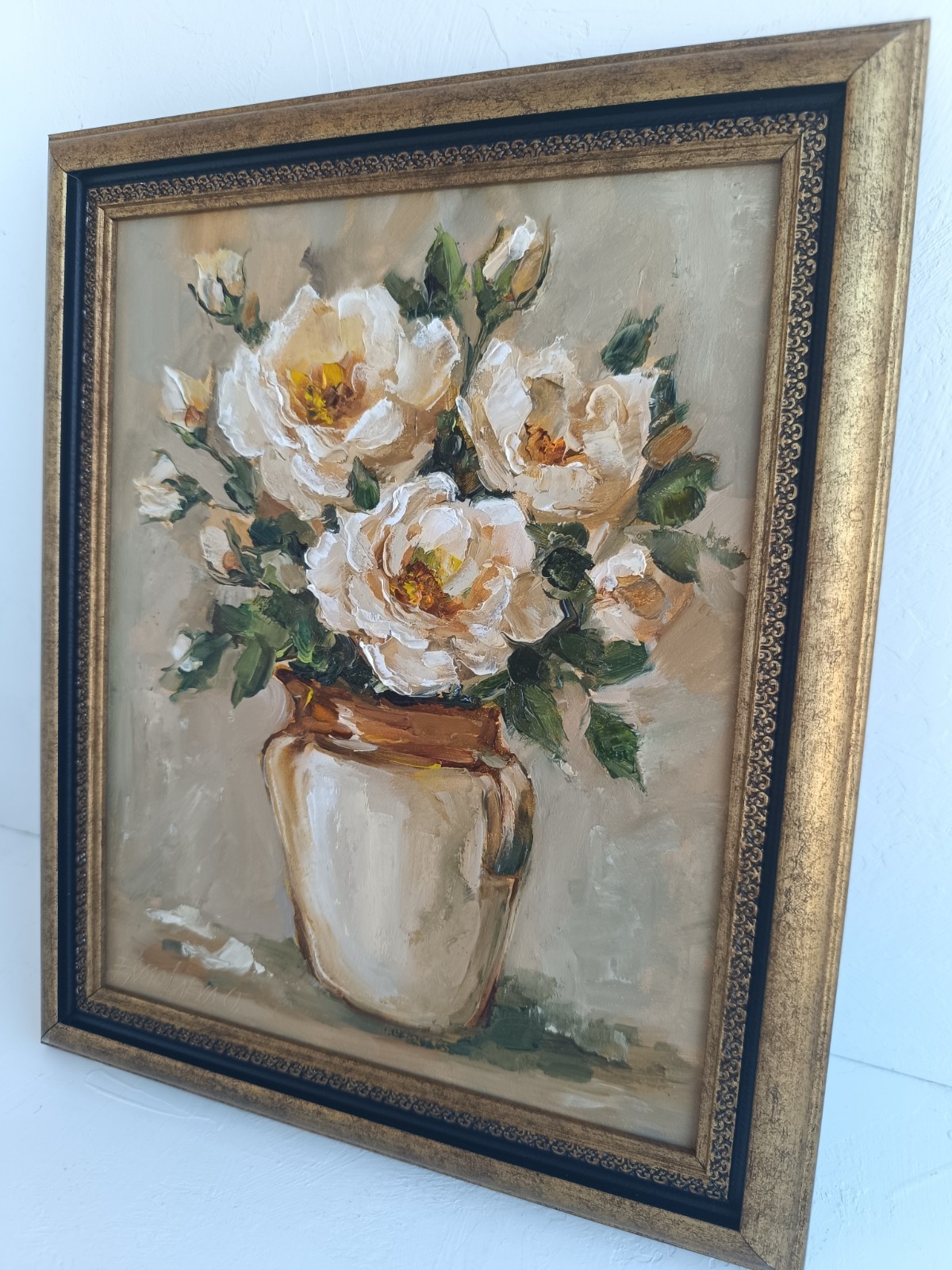 White Roses in a Vase Original Oil Painting Framed Floral Wall Art 8×10 in