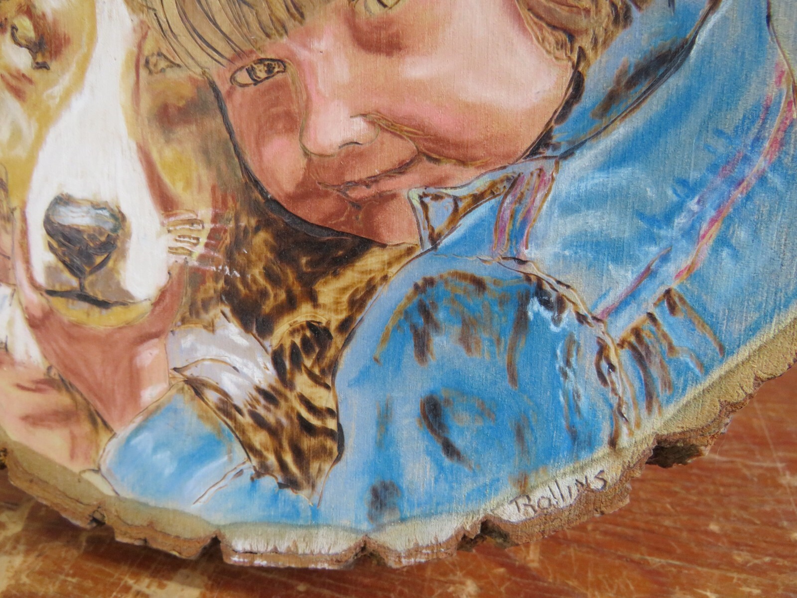 Vintage Wooden Art Farmer Dog w/ Bark Carving/Burning/Painting 12.5×17 Rollins
