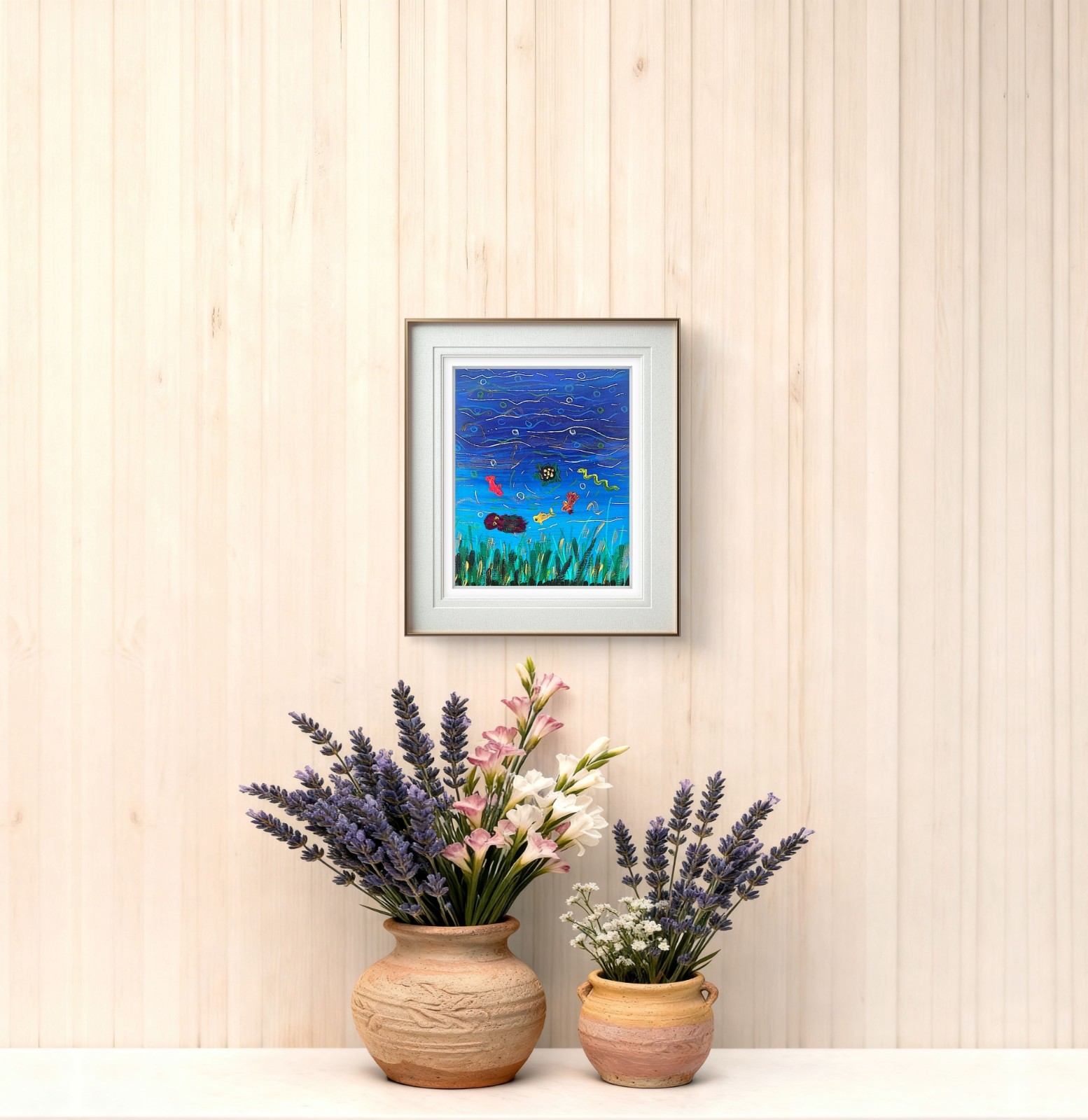 Koi Turtle Pond Acrylic Painting Whimsical Lake Art Original 8×10