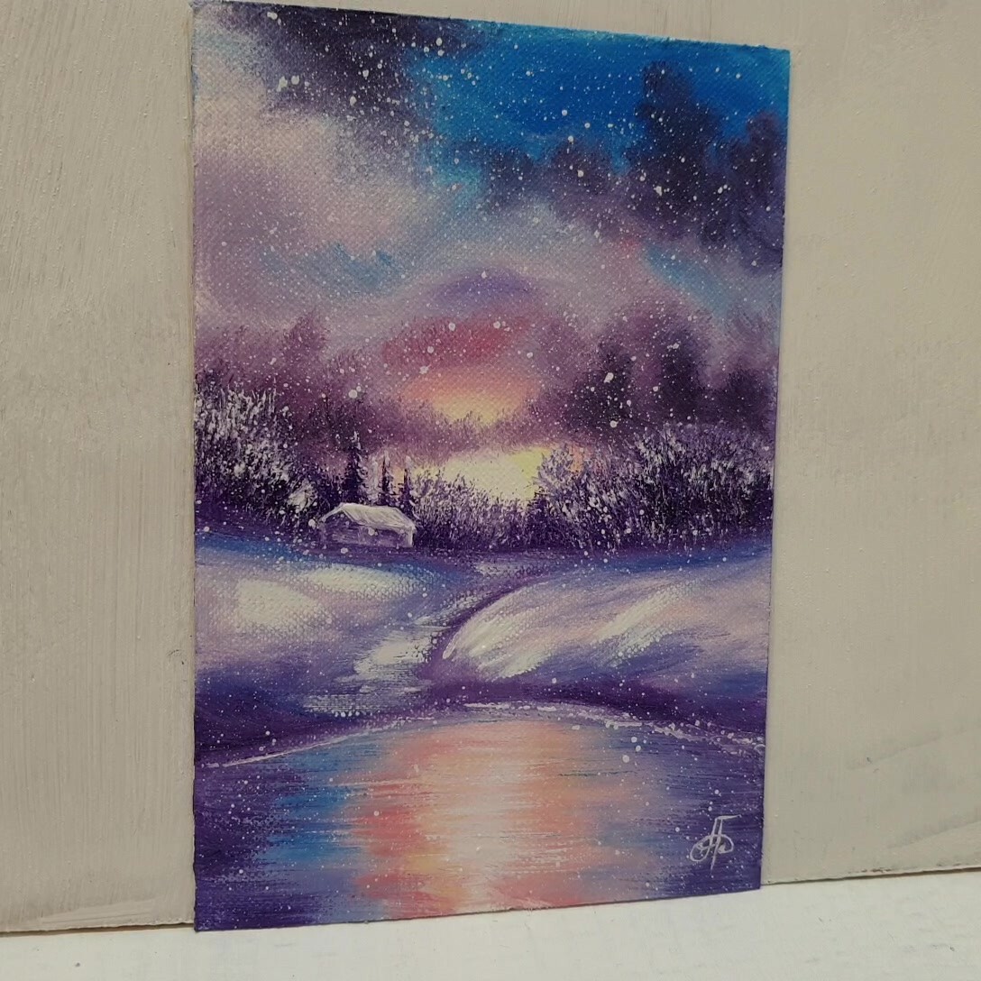 Winter Sunset Lake Path Painting Snow Cottage Purple Red Sky Signed Holiday Deco