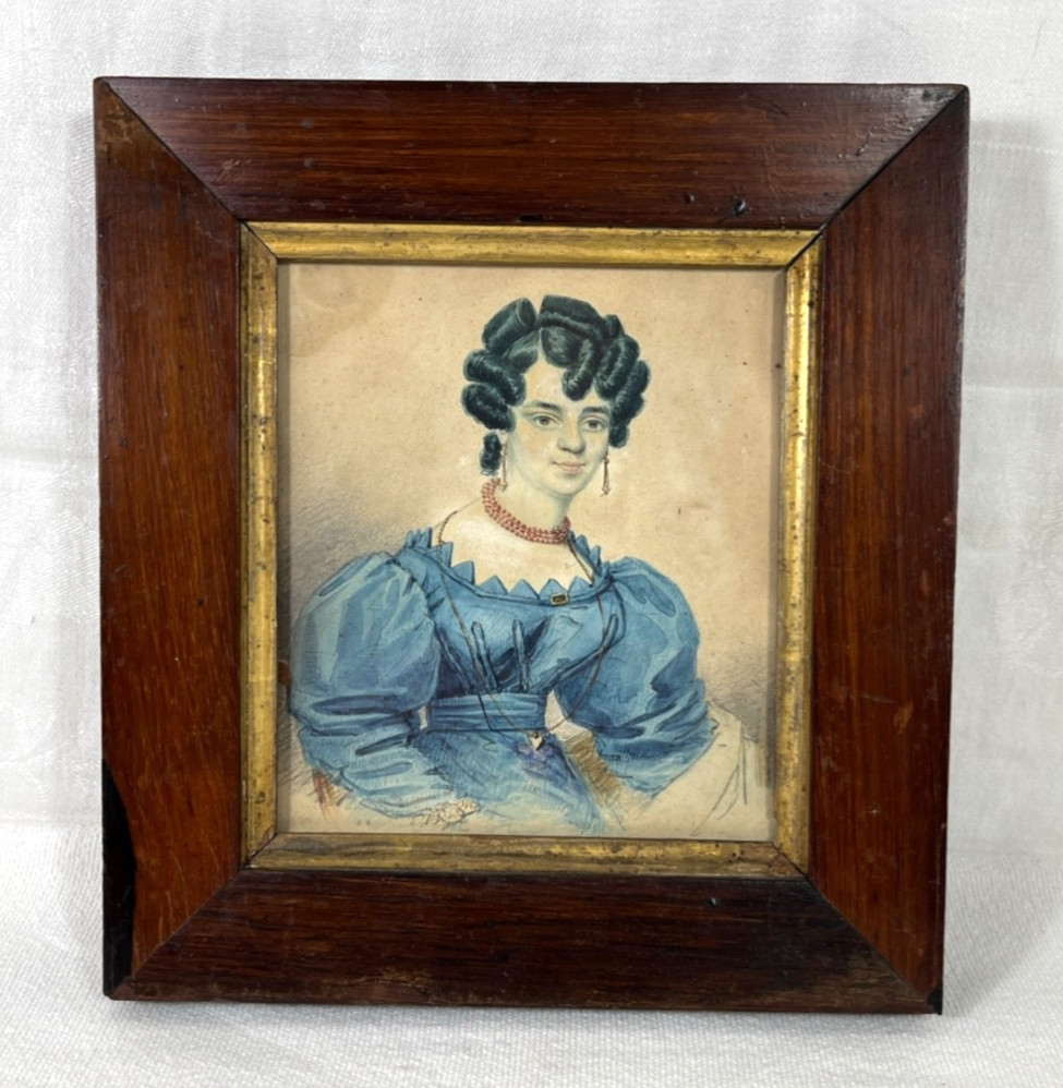 Antique 1830s Colored Lithograph portrait young Woman Wood Framed 7”x 8”