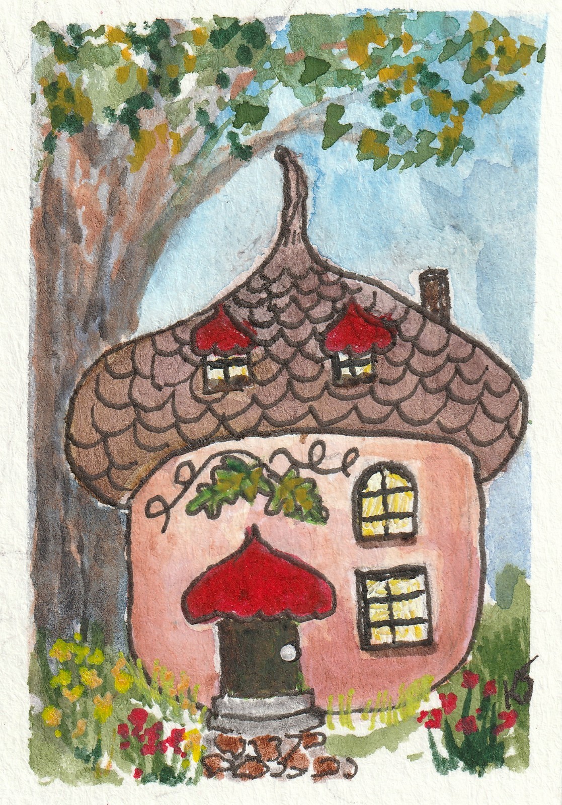 ACEO Original Acorn Cottage Fairy House Forest Watercolor Painting by K Jackson