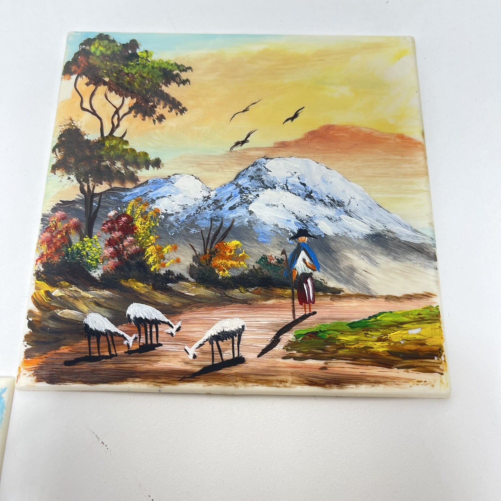 5 Ecuador Folk Art Hand Painted Plastic 4”x 4”Tiles Signed Los Altares Cotopaxi