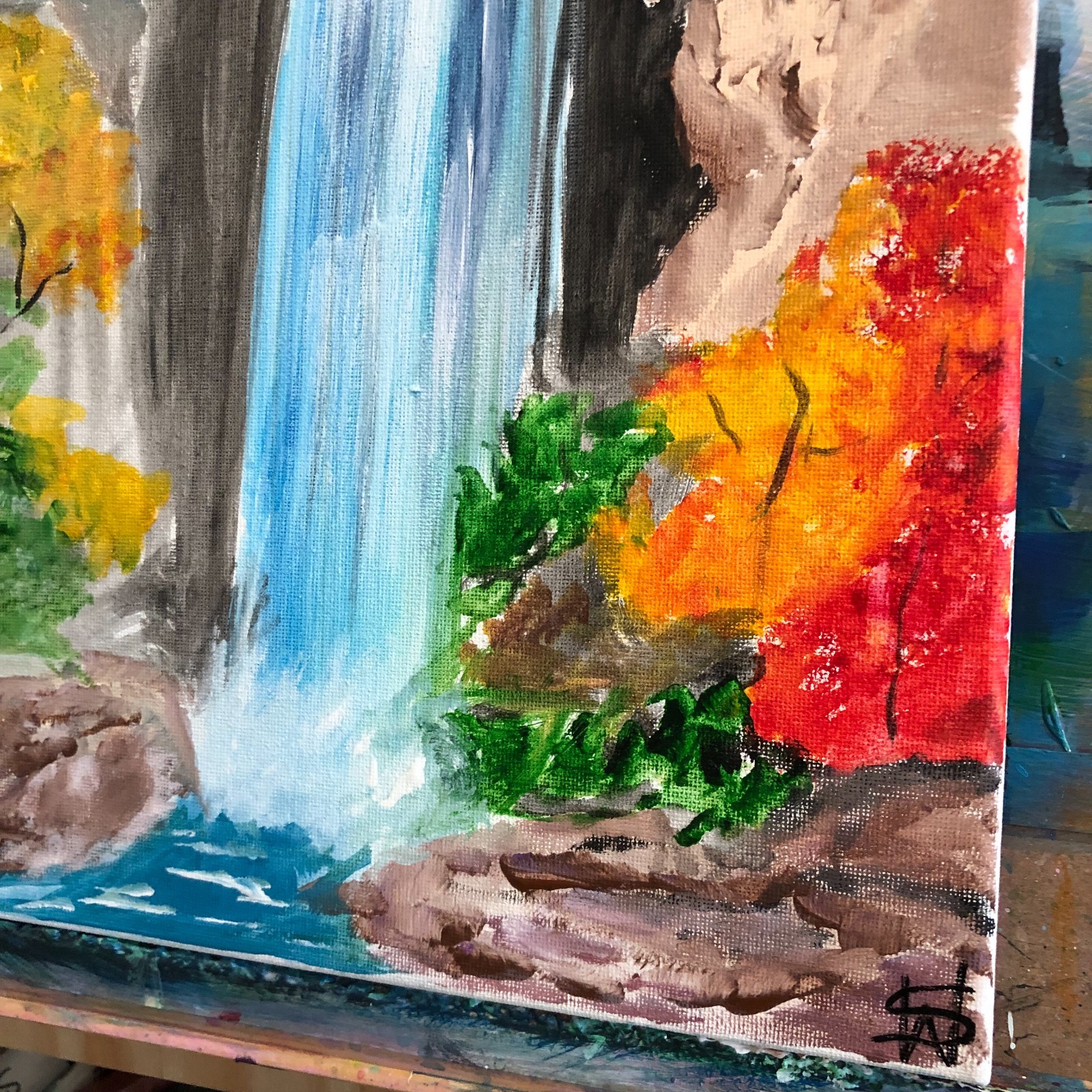 WS original waterfall impressionism painting 14X11 canvas acrylic modern art