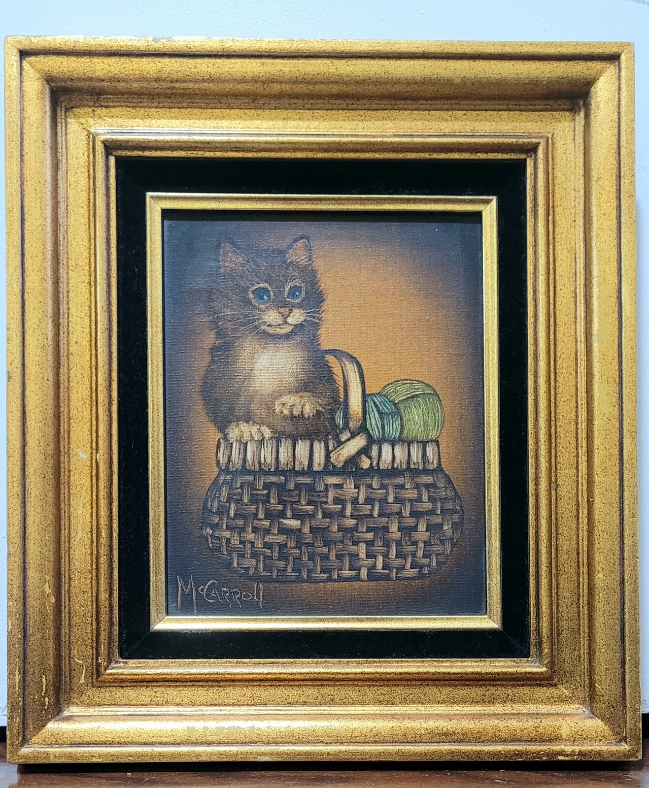 William McCarroll painting of a cat & and sewing bask on canvas, framed, signed