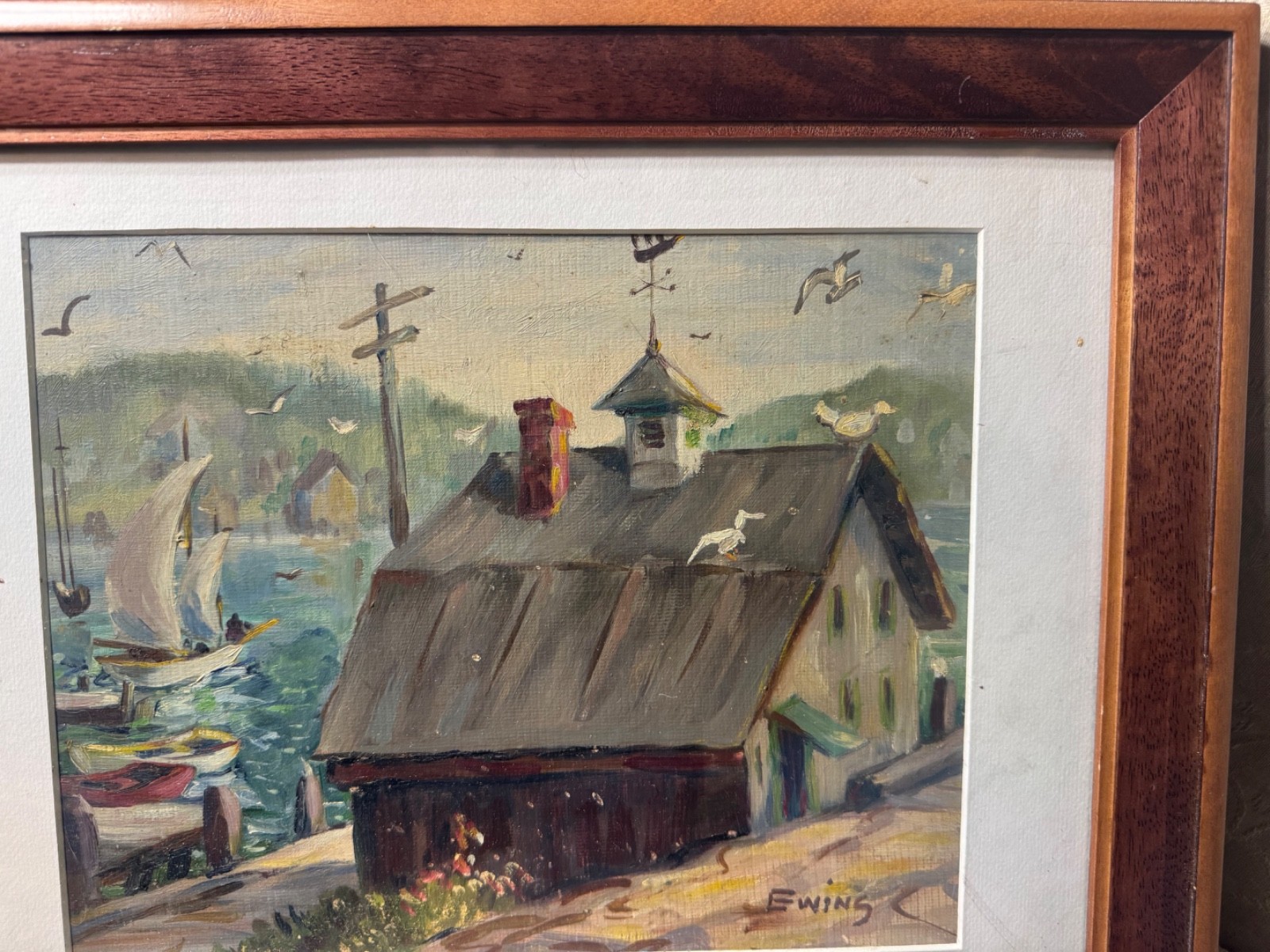 Florence Prince Ewing «Harbor Landscape Scene» Oil Painting – Signed/Framed