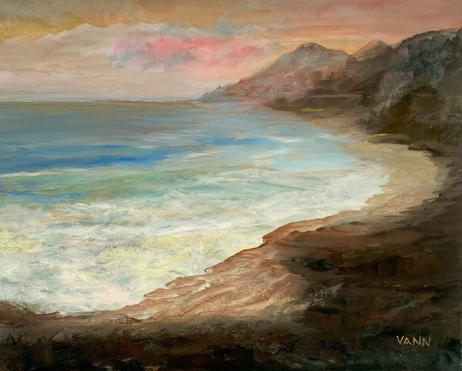 New Painting by Gina Vann Mountain Seascape 16 in. x 20 in. Large Unframed