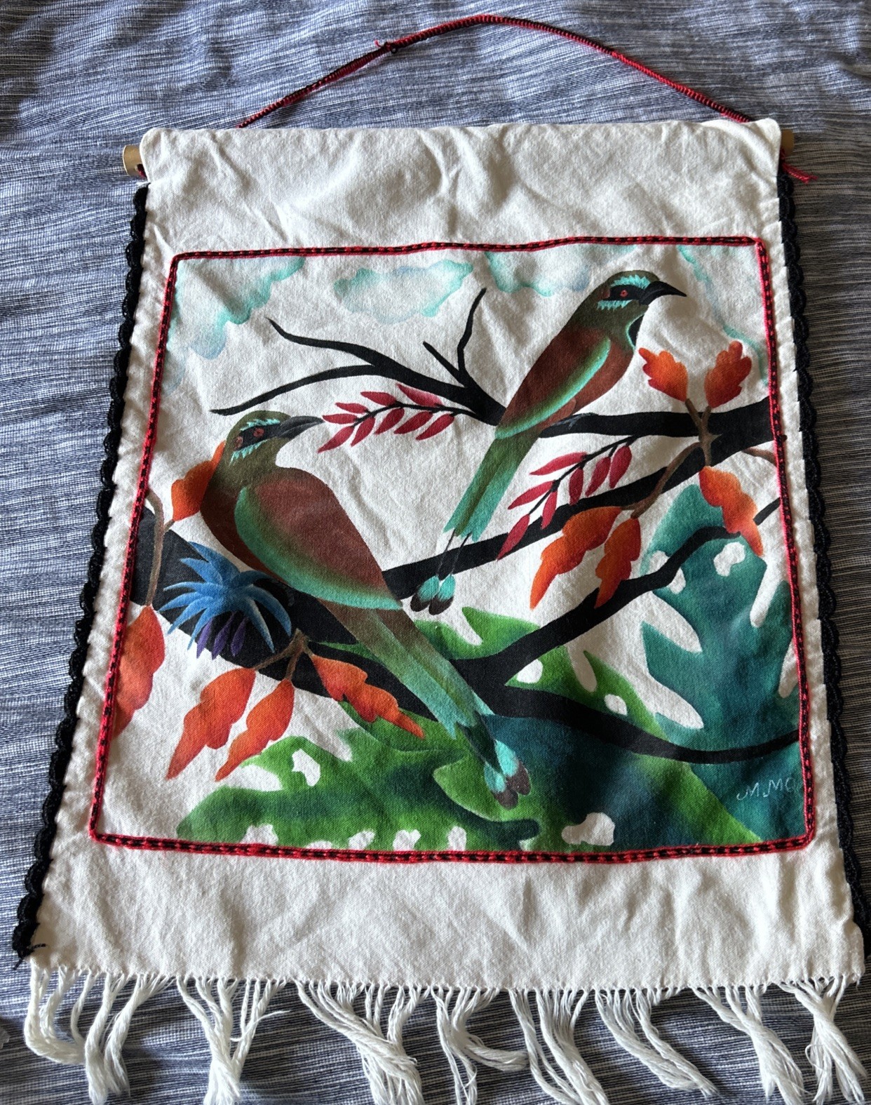 Hanging Wall Art On Canvas Like Textile Birds Perched On Branch Nature