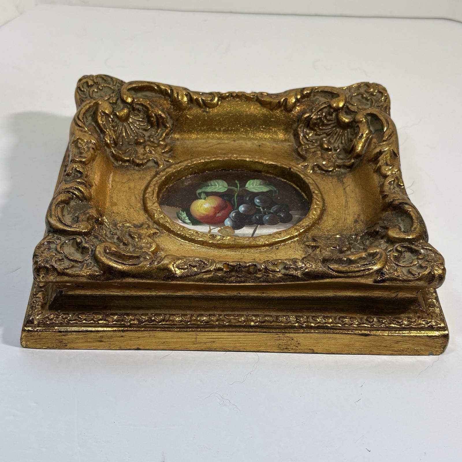 Vintage Miniature Fruit Still Life Oil Painting Small Ornate Gold Frame 8×7″