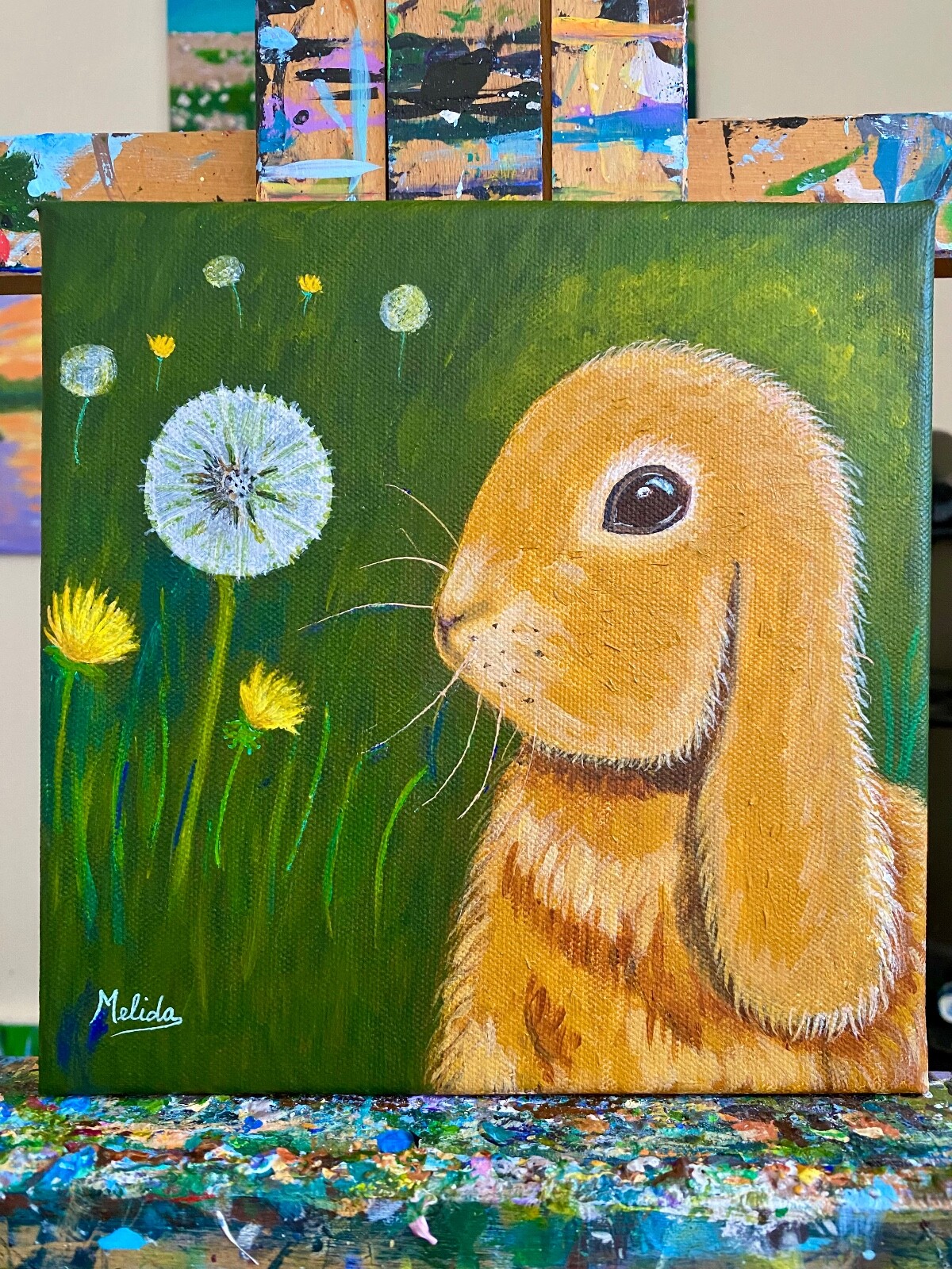 Rabbit Among Dandelions ORIGINAL Painting, Unique Rabbit Art, Bunny Spring Art