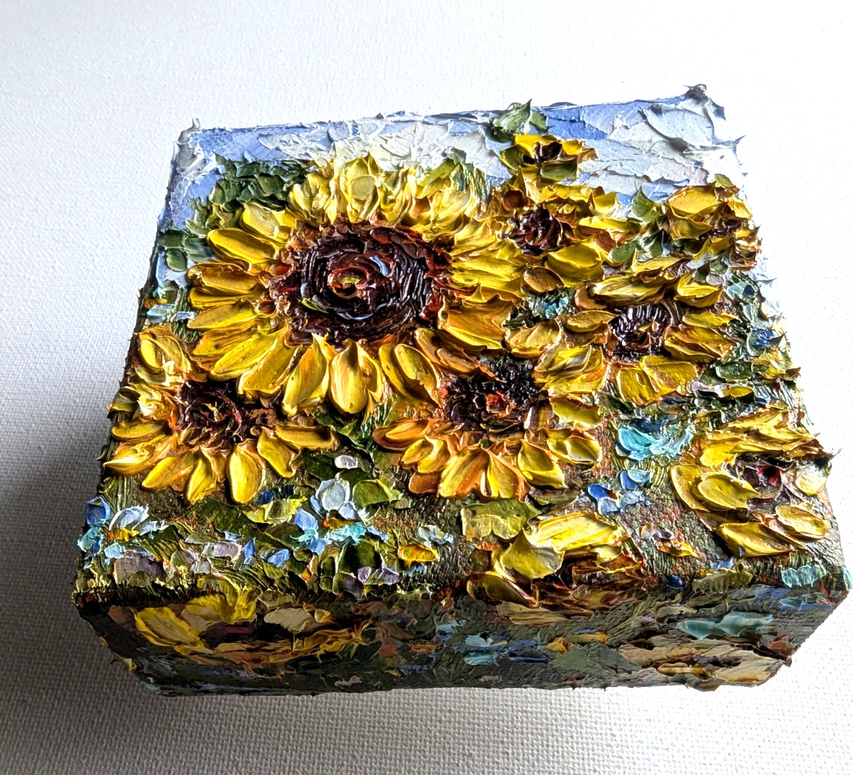 ORIGINAL OIL impasto Painting «Sunflowers» 4″X4″ X 1.5″ by Olga Diduh.