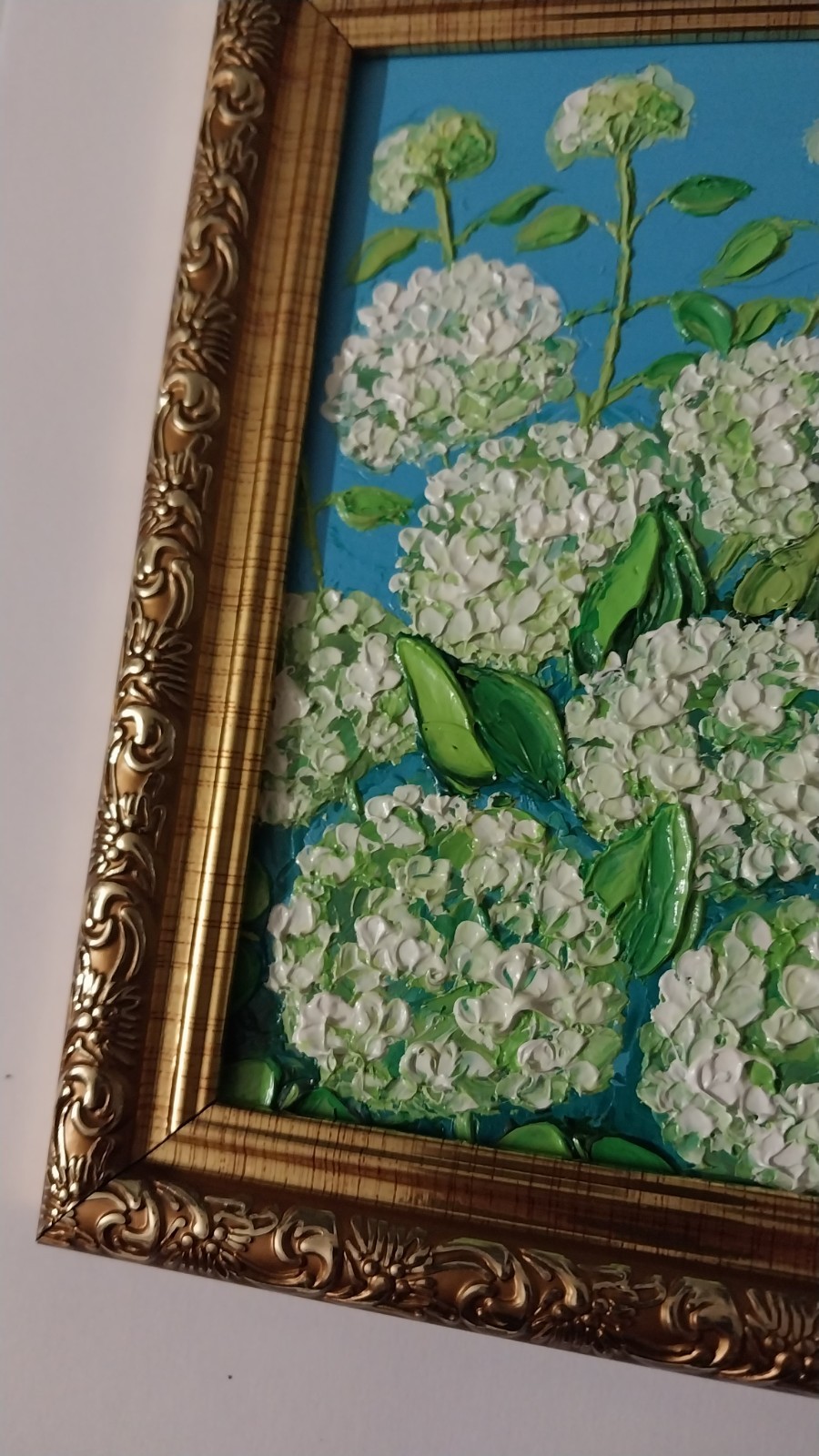 Framed White Hydrangea Blossoms Flowers Art 4×6” Impasto Oil Painting Original