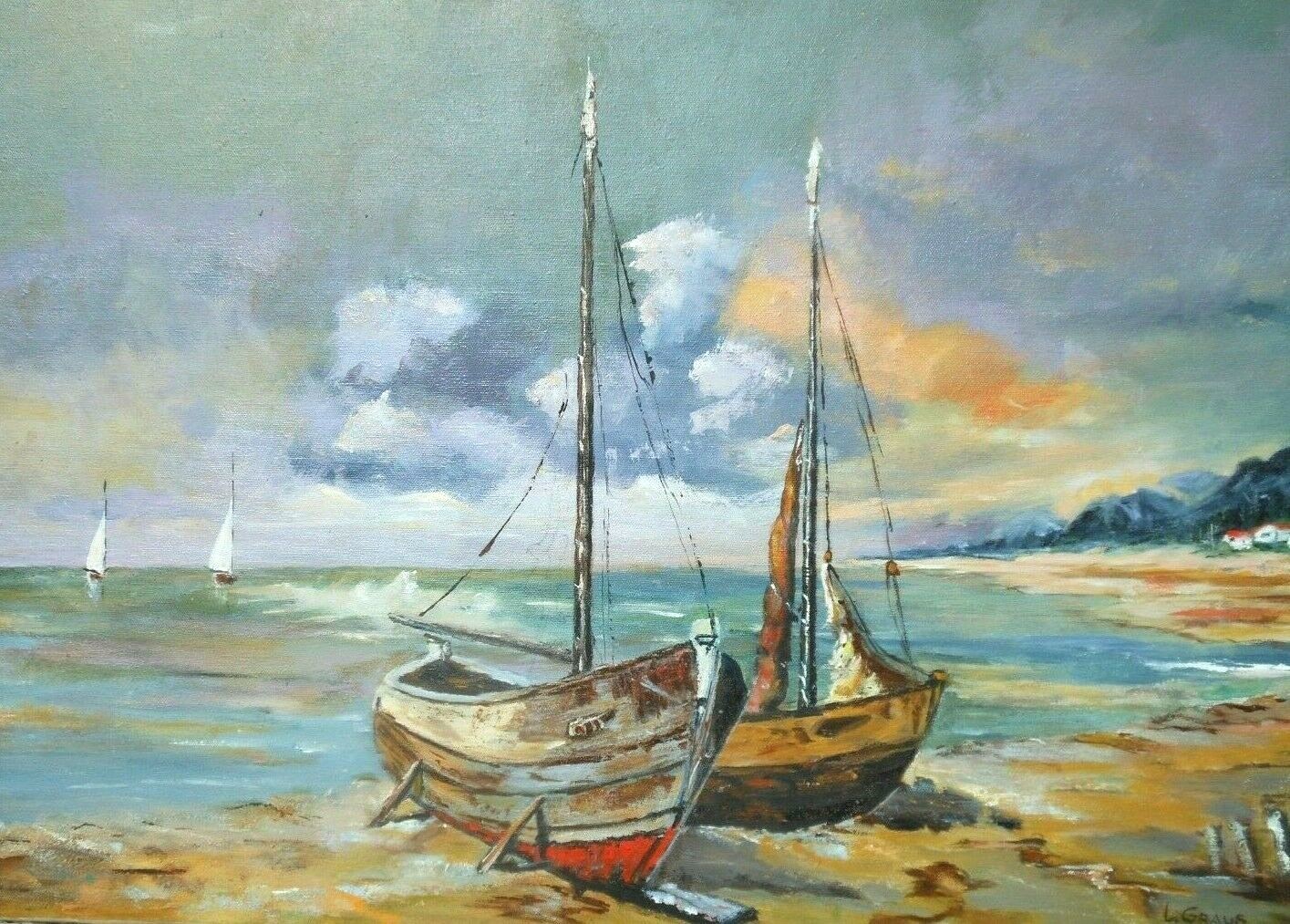 Vintage Impressionist Seascape Oil Painting L Graus 18″ x 24″ Boats