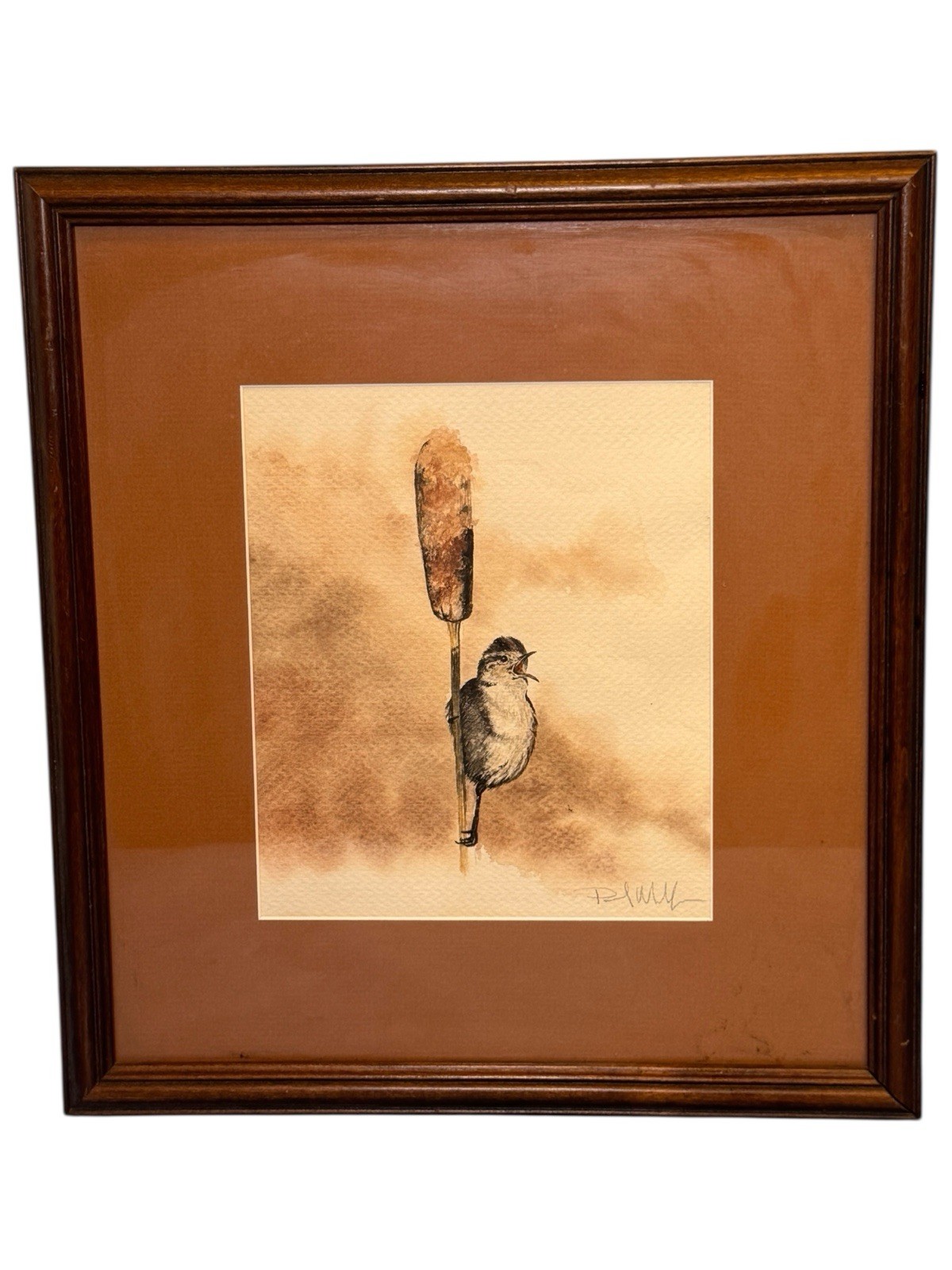 MARSH WREN Original Art Watercolor Painting Bird Cattail Framed Matted 15 X 14”