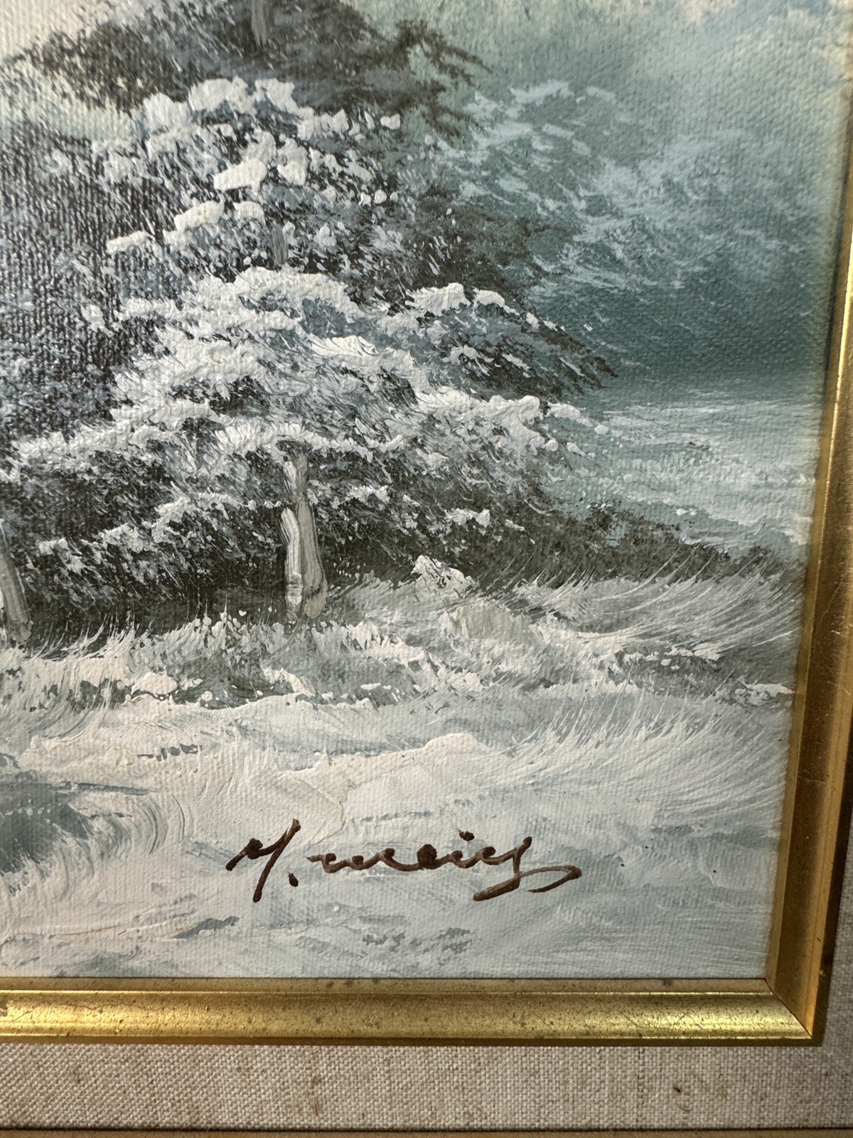 Winter Scene Painting -Snow covered Cabin with mountains, water and trees Signed