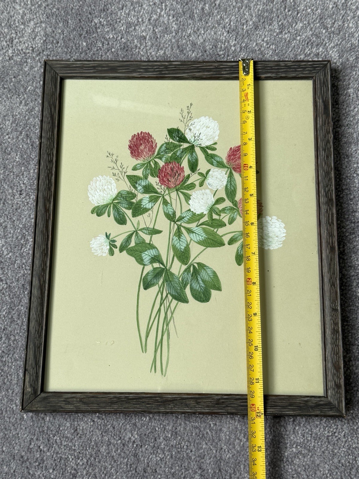 Antique Original Artwork Framed Watercolor Gauche Red & White Clover Bunch