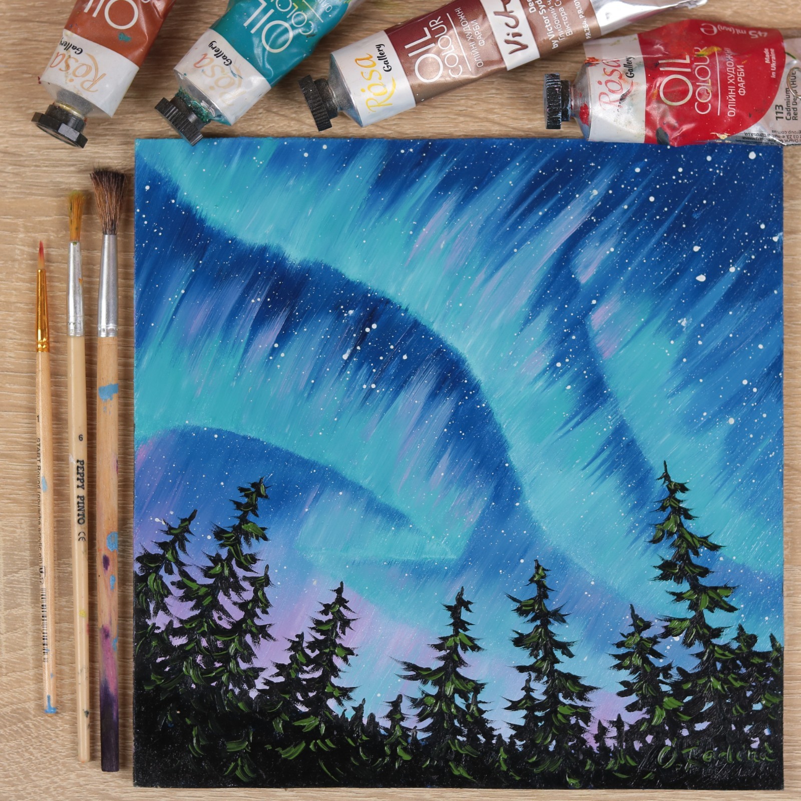 Northern Lights Oil Painting Original Pine Trees Under Aurora Borealis Night 8×8