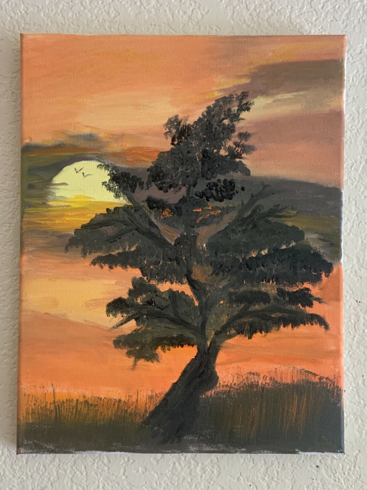 African sunset oil painting brown yellow orange colors 11x14in