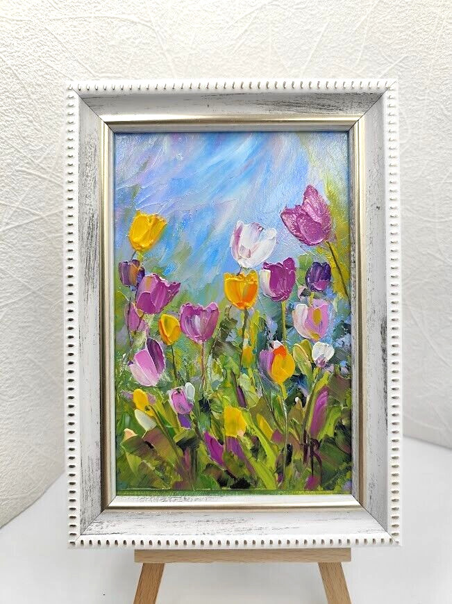 Original framed oil painting with signed flowers Spring Tulips Impasto flowers
