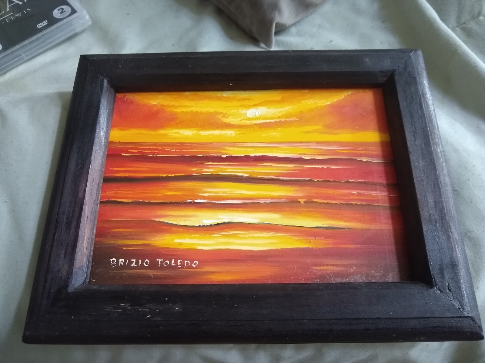 Framed Sunset Oil Painting Original Beach Ocean Waves at Sunset Small Wall Art