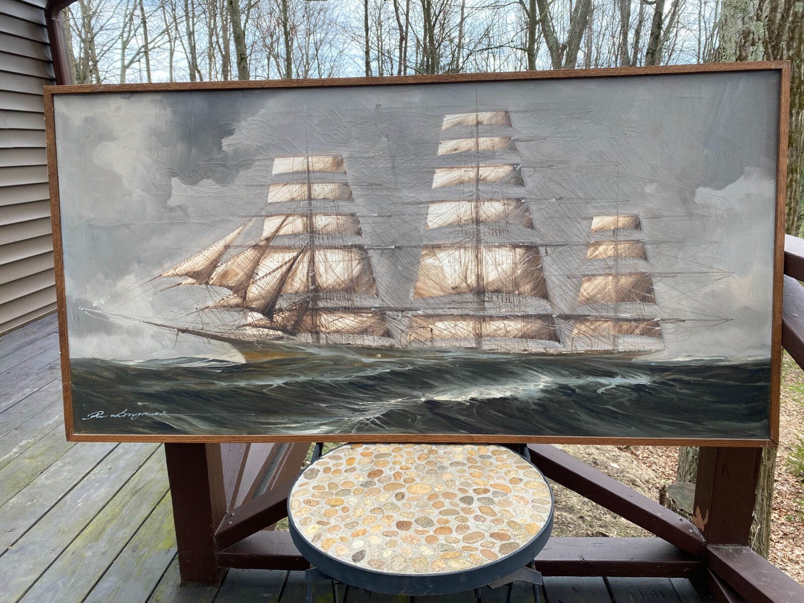 Framed, signed oil painting of three masted Sailing Ship