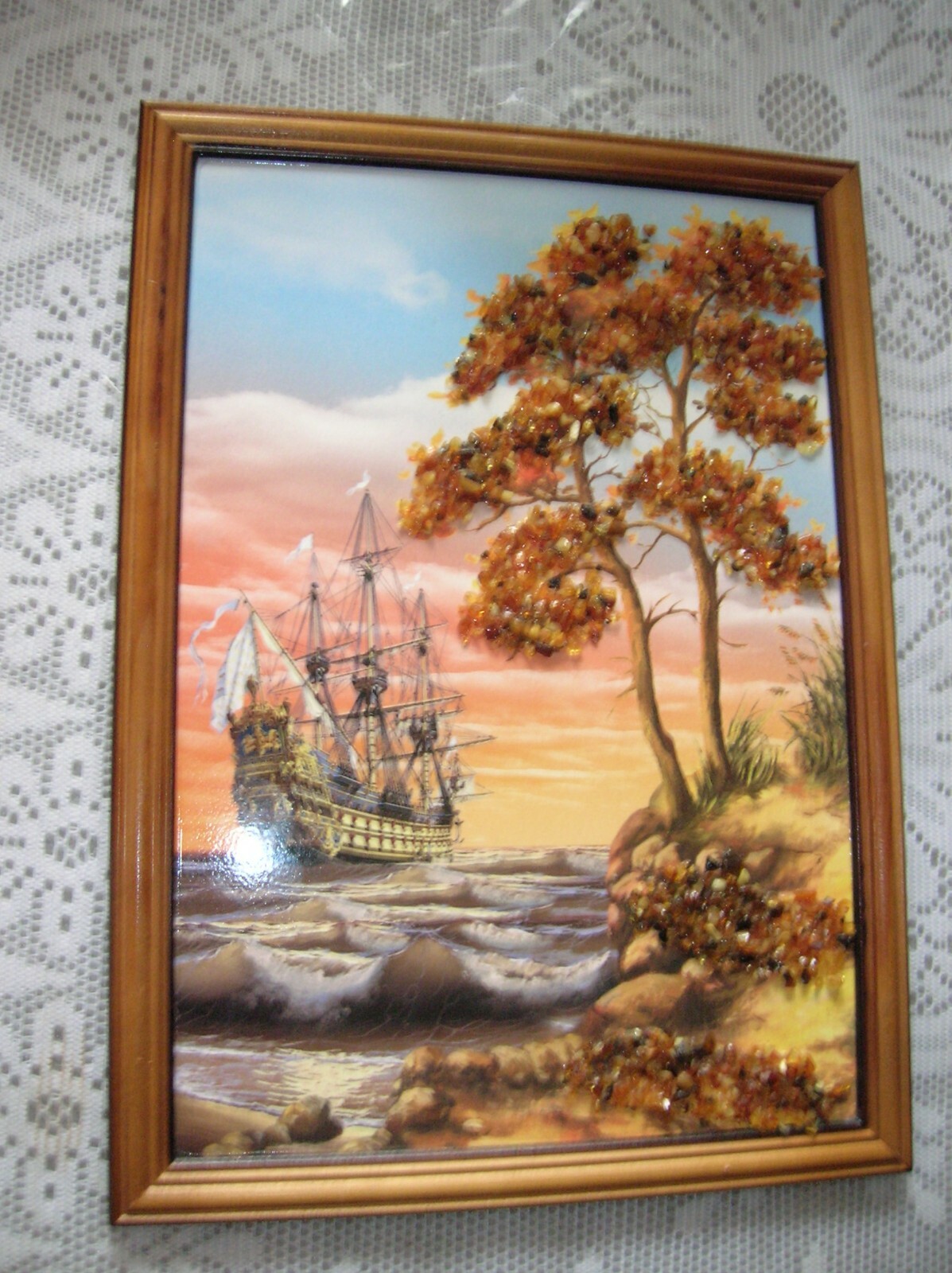 13 «x 9 1/2» Painting. Sea Theme. Decorated with Natural Baltic Amber. Lacquered