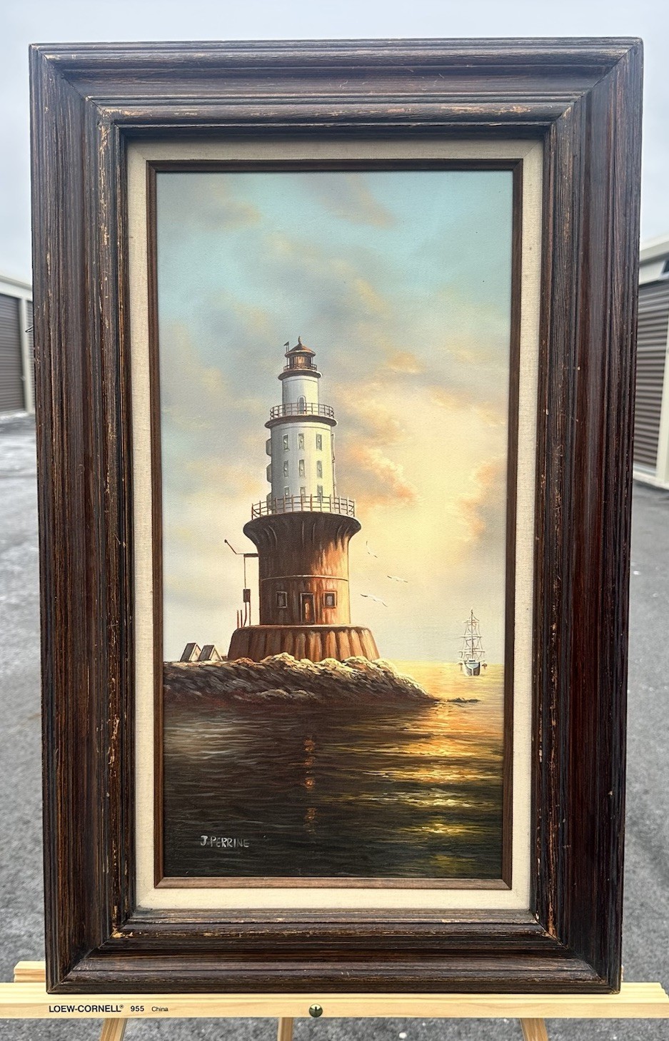 Vintage Oil Painting Cape Henlopen Lighthouse Signed J. Perrine 1986 Framed